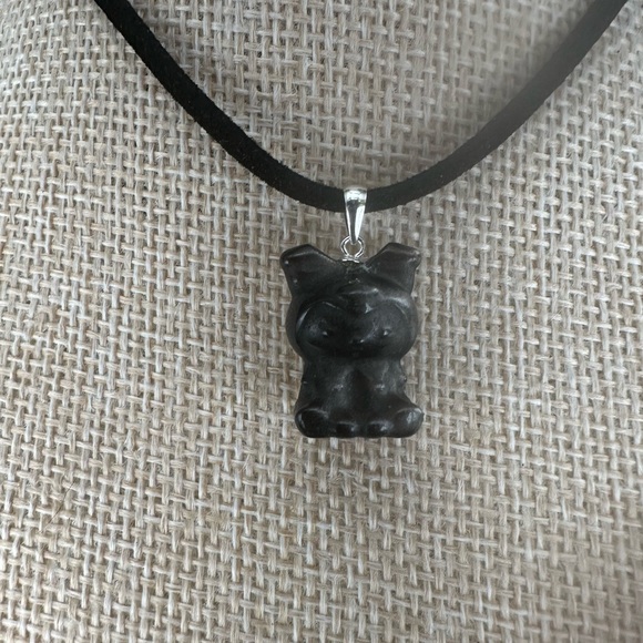 Jewelry - Silver Sheen Obsidian Kuromi Bead Pendant on Silver Bail and Faux Suede